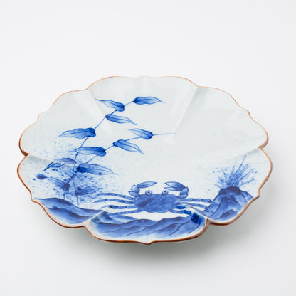 吹墨蟹絵 花型 7寸皿 21cm