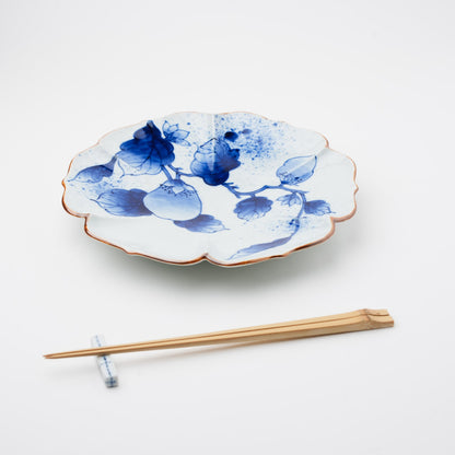 吹墨茄子絵 花型 7寸皿 21cm